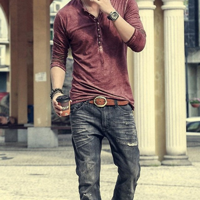 Men's clothing Tee Shirt V-Neck Long Sleeve