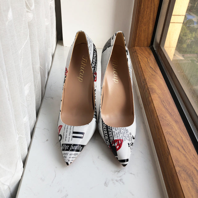 Woman's shoes Graphic Print White Pointy Toe High Heel Shoes