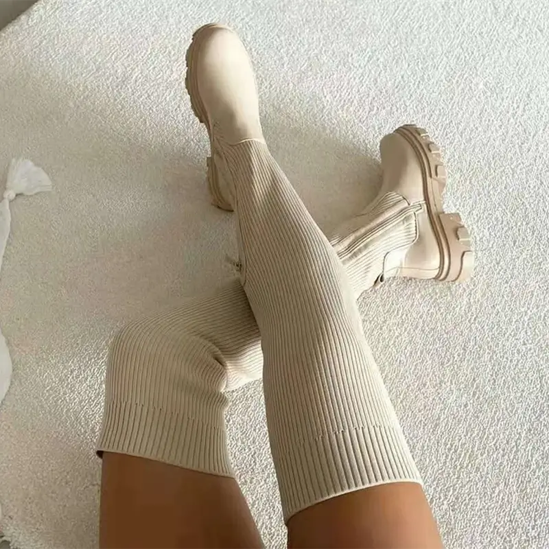 Woman's Shoes Thigh High Stretch Knit Boots