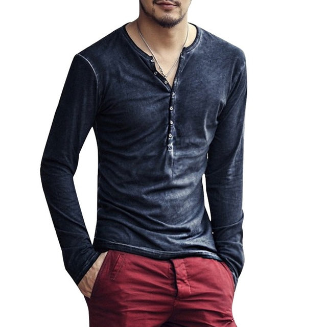 Men's clothing Tee Shirt V-Neck Long Sleeve
