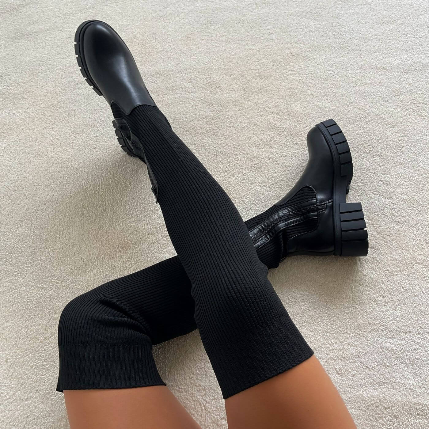 Woman's Shoes Thigh High Stretch Knit Boots