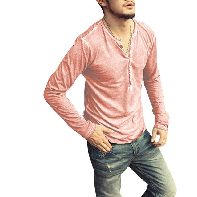 Men's clothing Tee Shirt V-Neck Long Sleeve