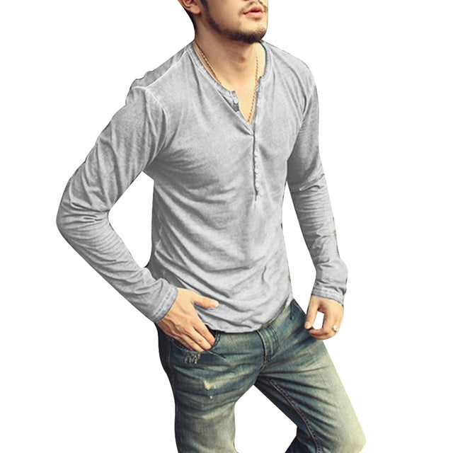 Men's clothing Tee Shirt V-Neck Long Sleeve