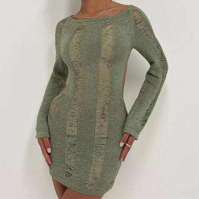 Woman's clothing See-Through O-neck Long Sleeve Bodycon Dress