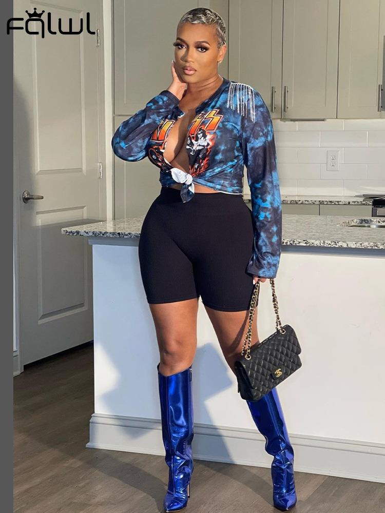 Woman's clothing Bandage Print Blue Long Sleeve Tees