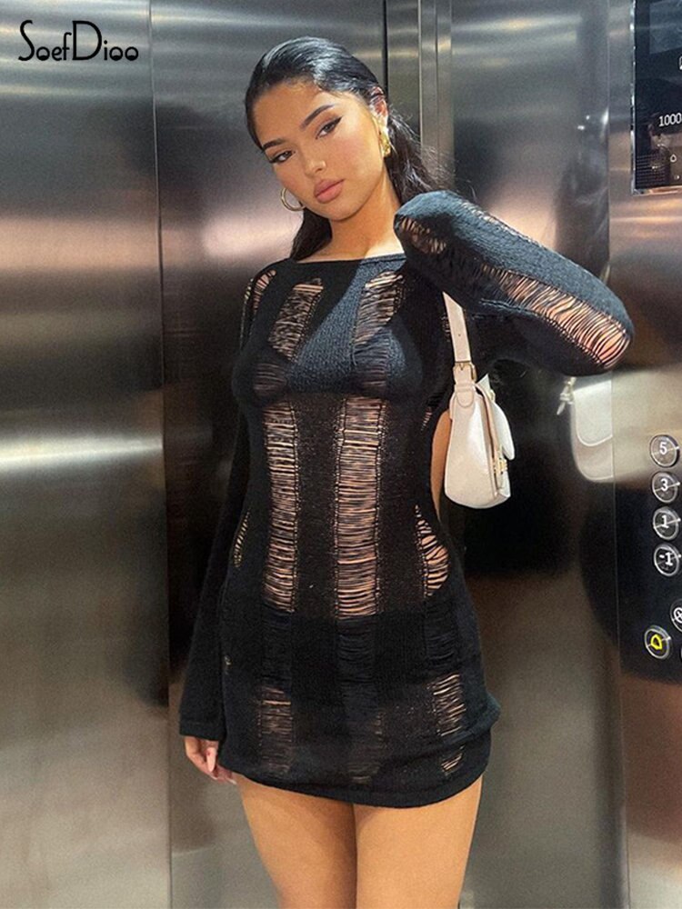 Woman's clothing See-Through O-neck Long Sleeve Bodycon Dress