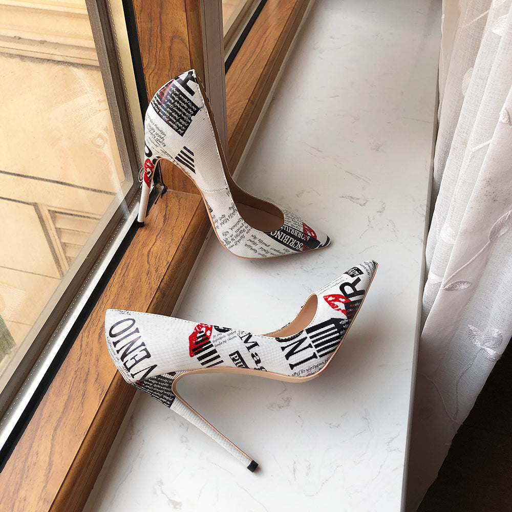 Woman's shoes Graphic Print White Pointy Toe High Heel Shoes
