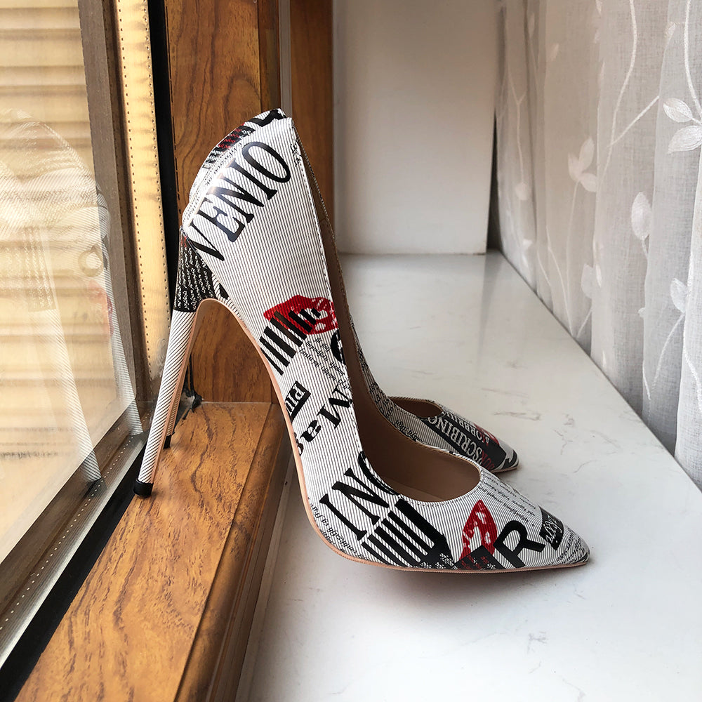 Woman's shoes Graphic Print White Pointy Toe High Heel Shoes