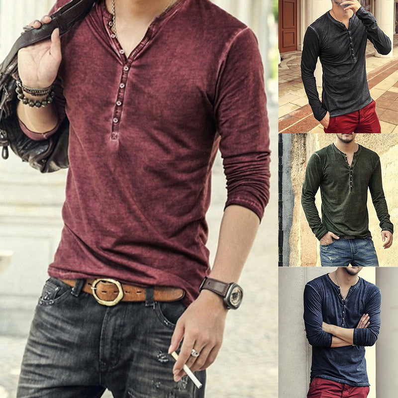 Men's clothing Tee Shirt V-Neck Long Sleeve