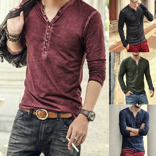 Men's clothing Tee Shirt V-Neck Long Sleeve
