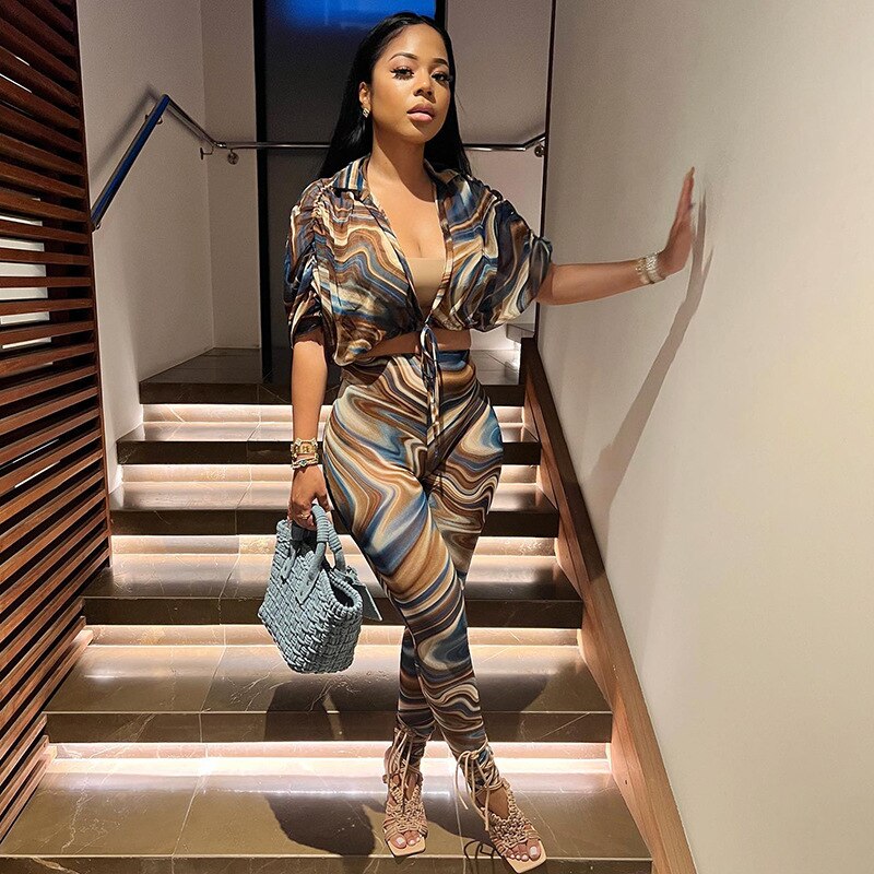 Woman's Clothing 2 Piece Set Abstract Print Sheer Mesh Outfits
