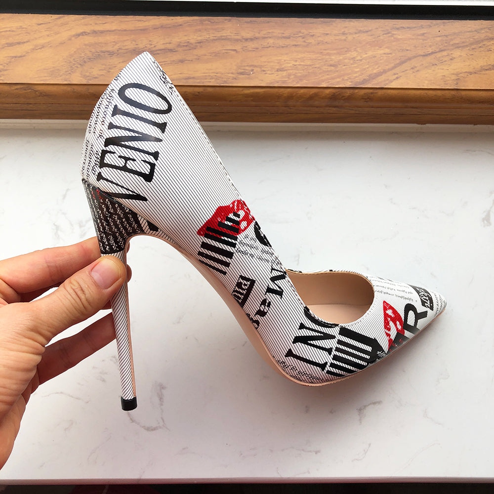 Woman's shoes Graphic Print White Pointy Toe High Heel Shoes