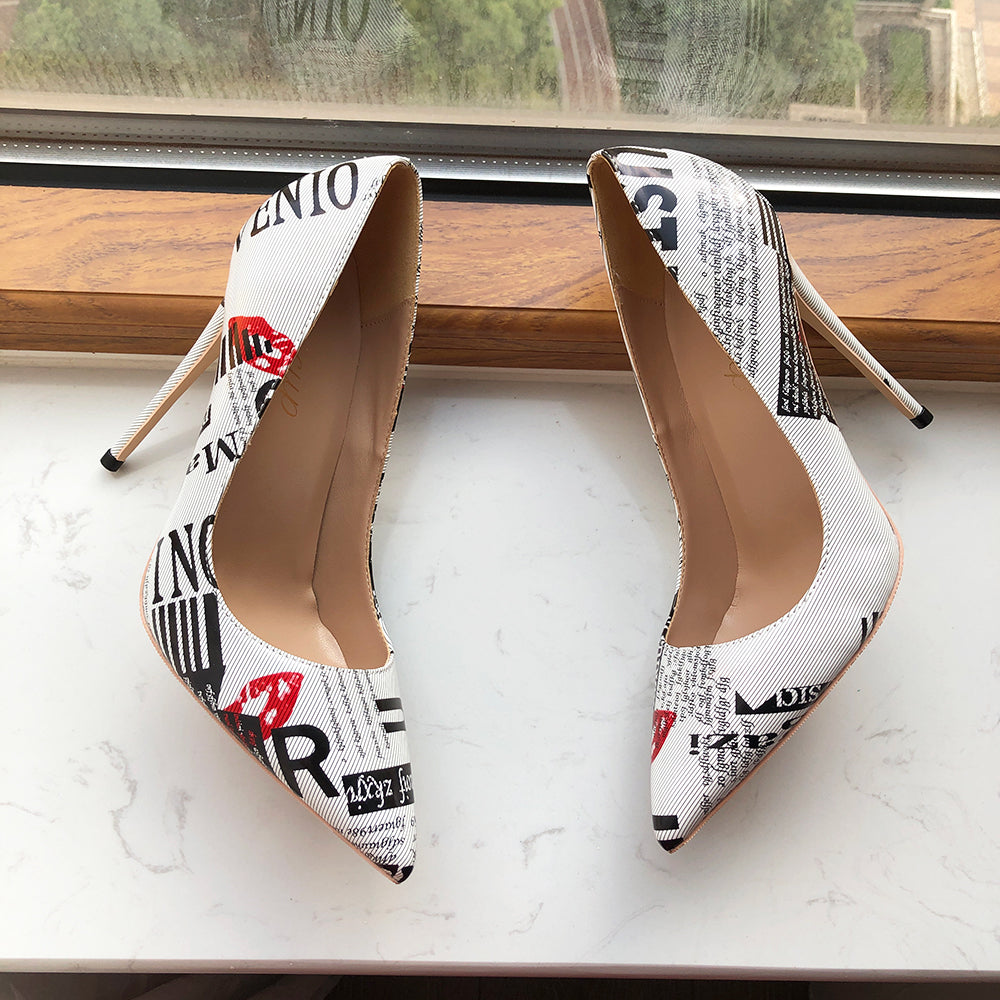 Woman's shoes Graphic Print White Pointy Toe High Heel Shoes