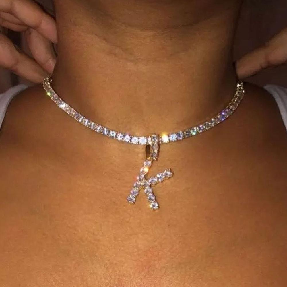 Jewelry Caraquet Ice out A-Z Letter Initial Pendant Necklace Silver Color Tennis Chain Choker Necklace Female Fashion Statement Jewelry