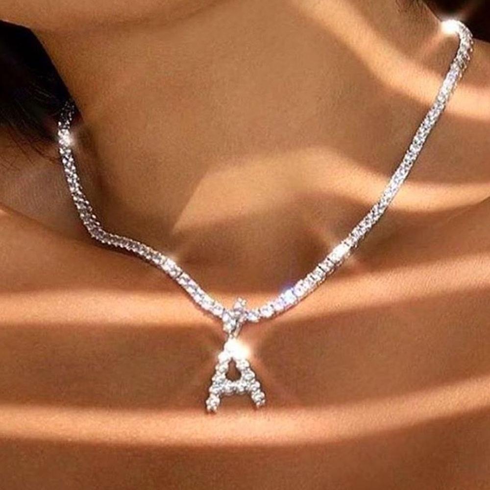 Jewelry Caraquet Ice out A-Z Letter Initial Pendant Necklace Silver Color Tennis Chain Choker Necklace Female Fashion Statement Jewelry