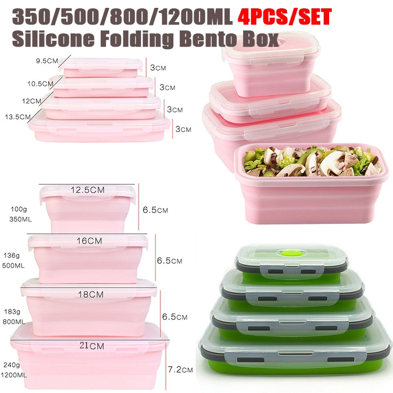 Food 4pcs/set Silicone Rectangle Lunch Box Collapsible Bento Box Folding Food Container Bowl 300/500/800/1200ml for Dinnerware