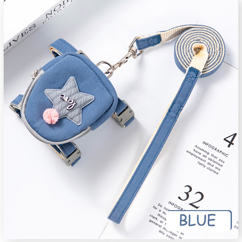 Pets Cute Dog Cat Harness with backpack Medium small Dog Lead Walking Running training Leashes Dogs Chest Strap star pattern Vest