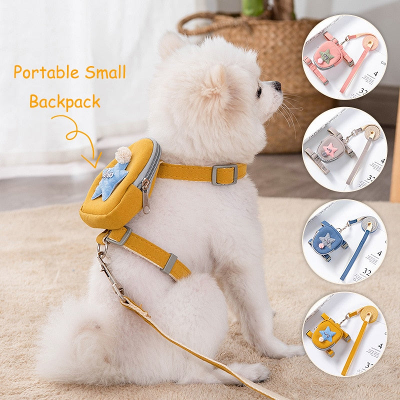 Pets Cute Dog Cat Harness with backpack Medium small Dog Lead Walking Running training Leashes Dogs Chest Strap star pattern Vest
