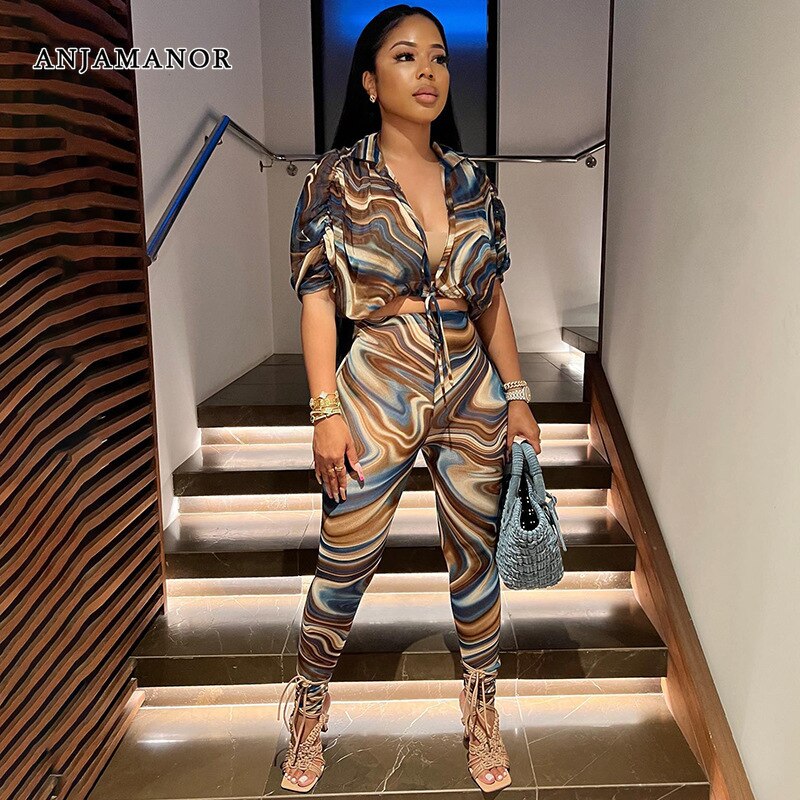 Woman's Clothing 2 Piece Set Abstract Print Sheer Mesh Outfits