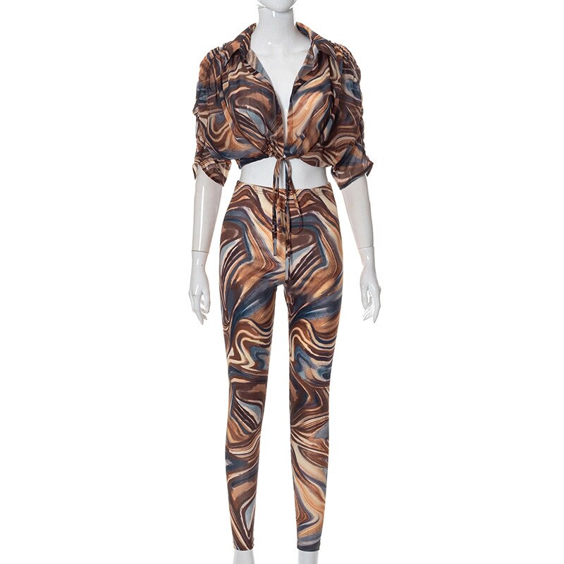 Woman's Clothing 2 Piece Set Abstract Print Sheer Mesh Outfits