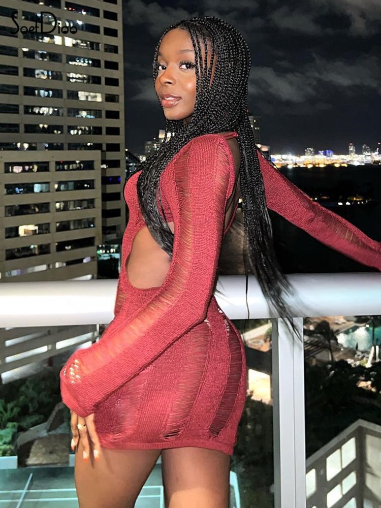 Woman's clothing See-Through O-neck Long Sleeve Bodycon Dress